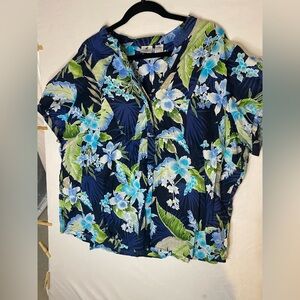 Caribbean Joe Blue and Green Floral Blouse